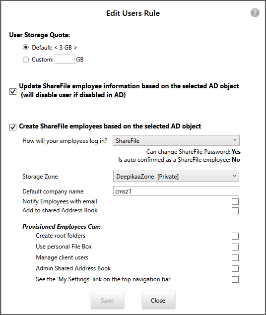 Edit Users Rule dialog box